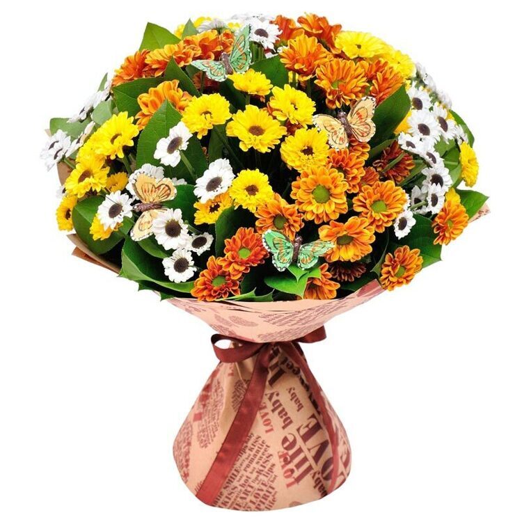 Букет из разноцветных хризантем и декоративных бабочек